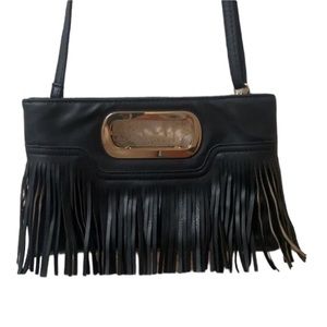 Black Fringe Crossbody Bag with Gold Accent Handle